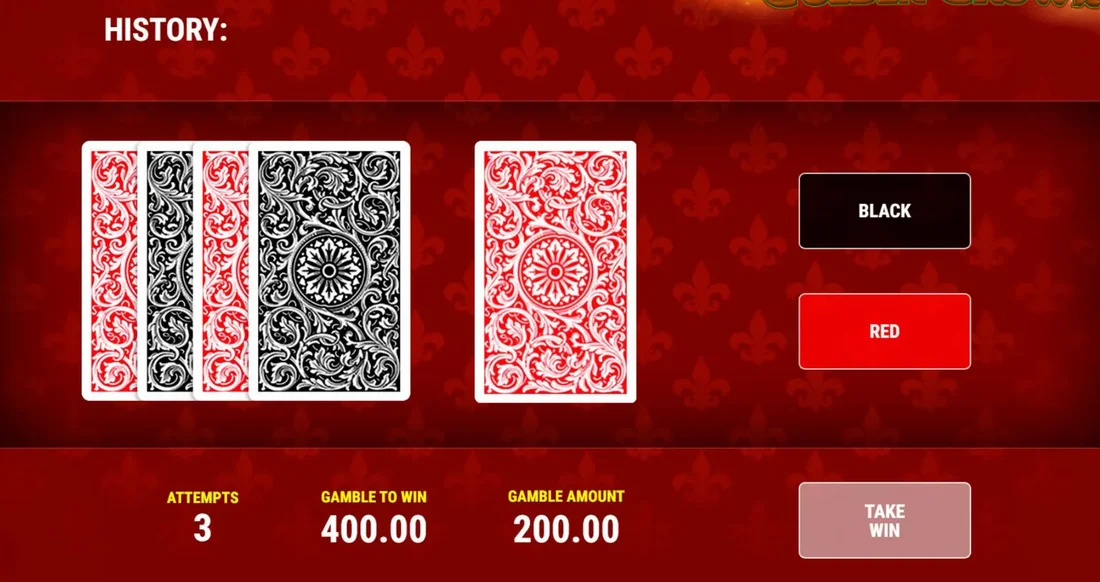 Schermata del Gamble di Golden Crown slot con i tasti Red e Black e il limite di 2000 crediti