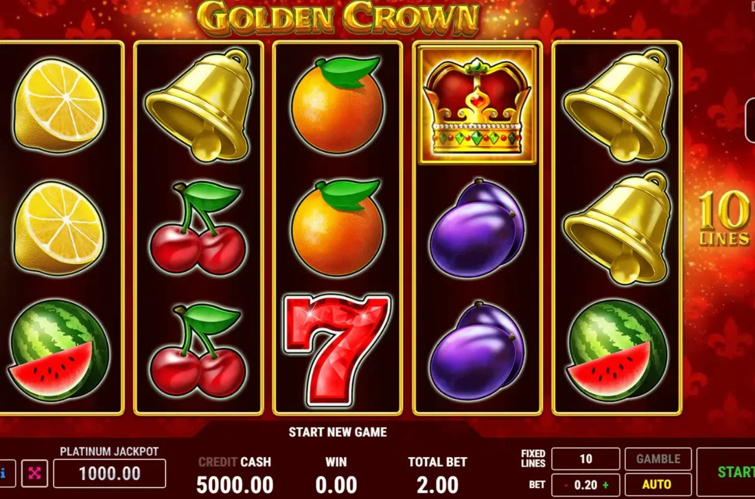 Schermata di gioco di Golden Crown slot con rulli di frutta, campane e corona dorata