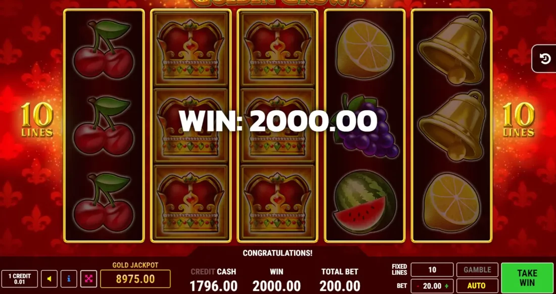 Vincita di 2000 crediti su Golden Crown slot con due rulli coperti da corone dorate