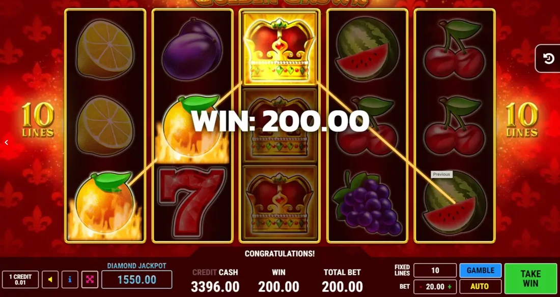 Golden Crown slot aperta su schermo mobile con vincita in fiamme